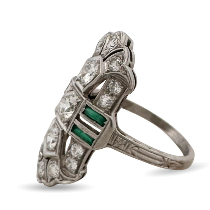 Art Deco 1ctw Old European Cut Natural Diamond & Synthetic Emerald Dinner Ring in Platinum
