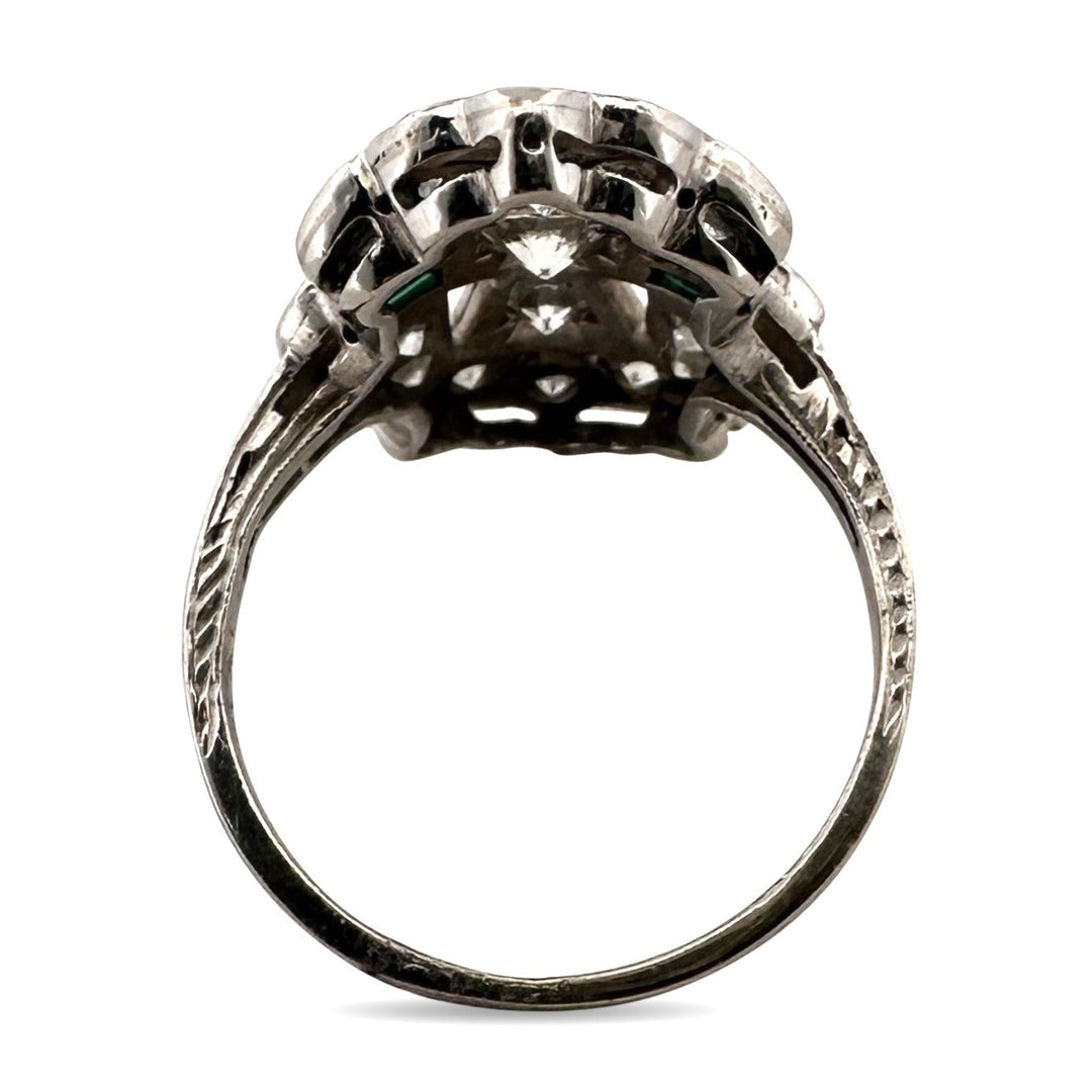 Art Deco 1ctw Old European Cut Natural Diamond & Synthetic Emerald Dinner Ring in Platinum