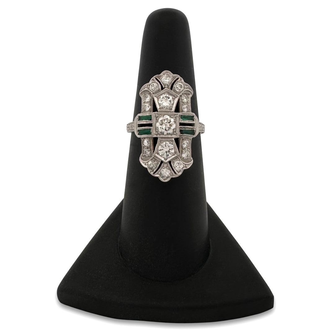 Art Deco 1ctw Old European Cut Natural Diamond & Synthetic Emerald Dinner Ring in Platinum