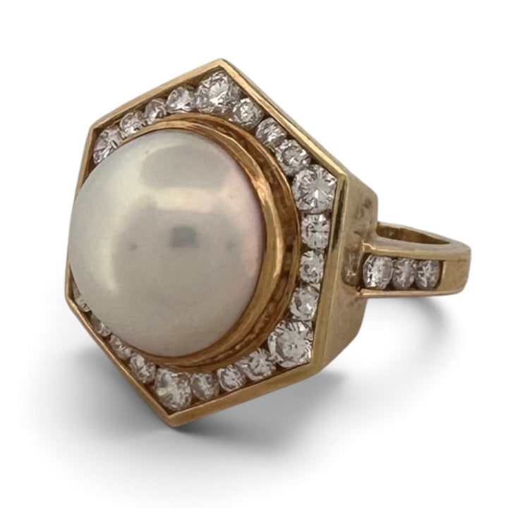 Cultured Mabé Pearl & Natural Diamond Halo Cocktail Ring in 18k Yellow Gold