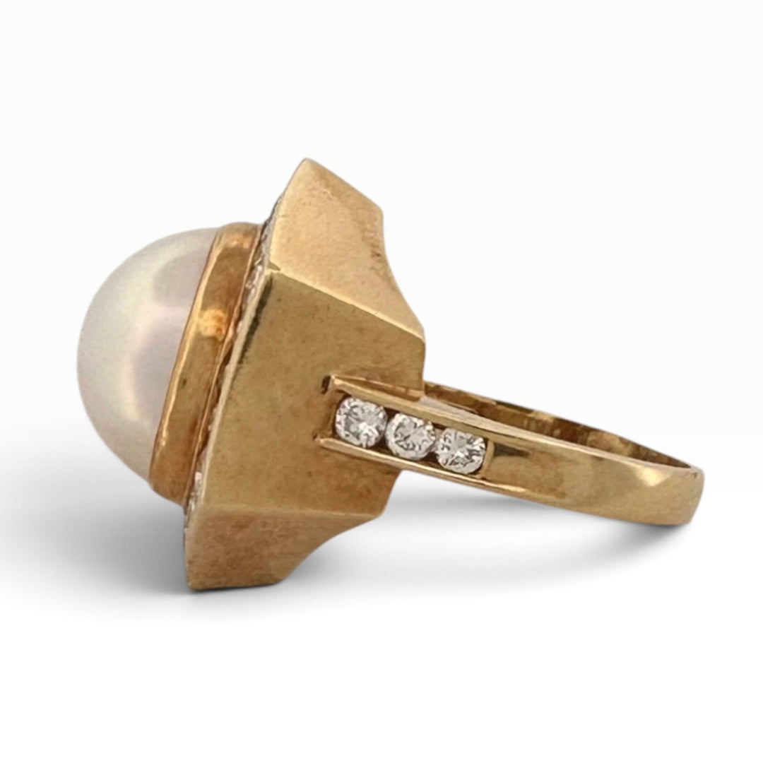Cultured Mabé Pearl & Natural Diamond Halo Cocktail Ring in 18k Yellow Gold