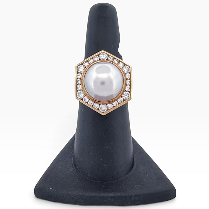 Cultured Mabé Pearl & Natural Diamond Halo Cocktail Ring in 18k Yellow Gold