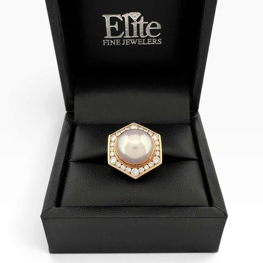 Cultured Mabé Pearl & Natural Diamond Halo Cocktail Ring in 18k Yellow Gold
