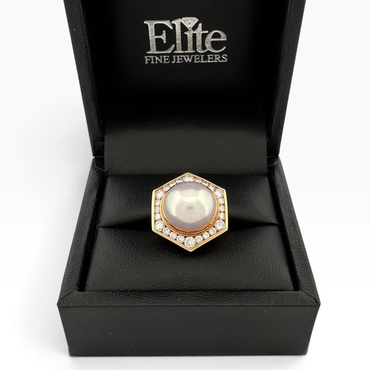 Cultured Mabé Pearl & Natural Diamond Halo Cocktail Ring in 18k Yellow Gold
