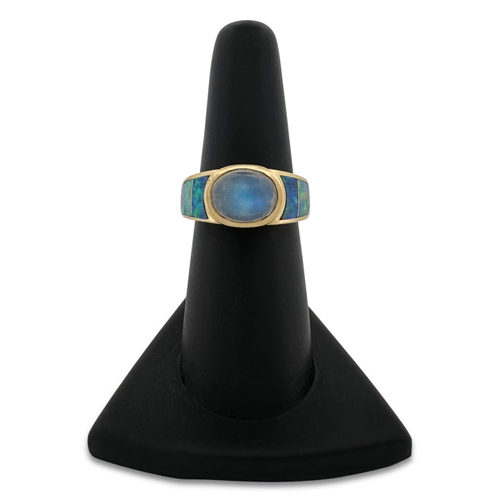 Oval Moonstone Cabochon with Opal Inlay & Natural Diamond Cocktail Ring in 18k Yellow Gold