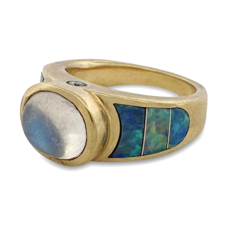Oval Moonstone Cabochon with Opal Inlay & Natural Diamond Cocktail Ring in 18k Yellow Gold