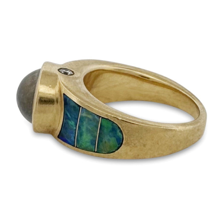 Oval Moonstone Cabochon with Opal Inlay & Natural Diamond Cocktail Ring in 18k Yellow Gold