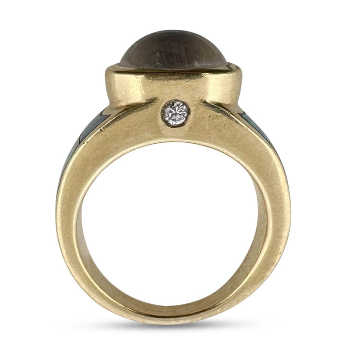 Oval Moonstone Cabochon with Opal Inlay & Natural Diamond Cocktail Ring in 18k Yellow Gold
