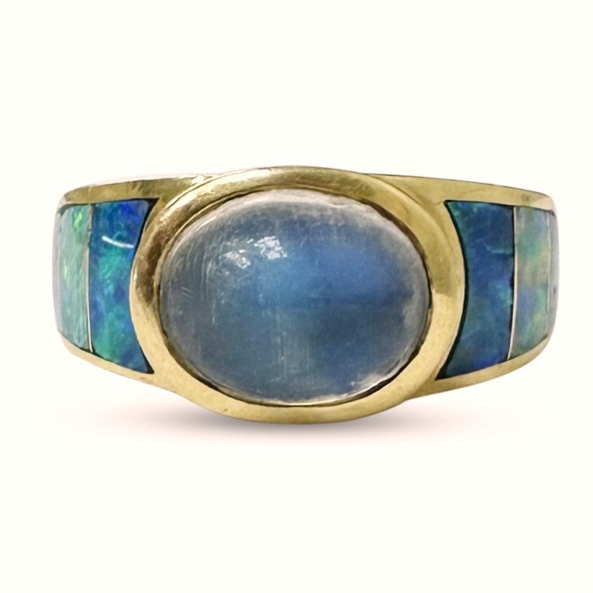 Oval Moonstone Cabochon with Opal Inlay & Natural Diamond Cocktail Ring in 18k Yellow Gold