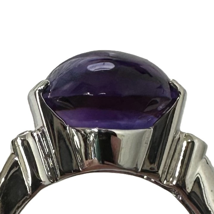 Oval Buff Top Amethyst with Natural Diamonds Cocktail Ring in 14k White Gold