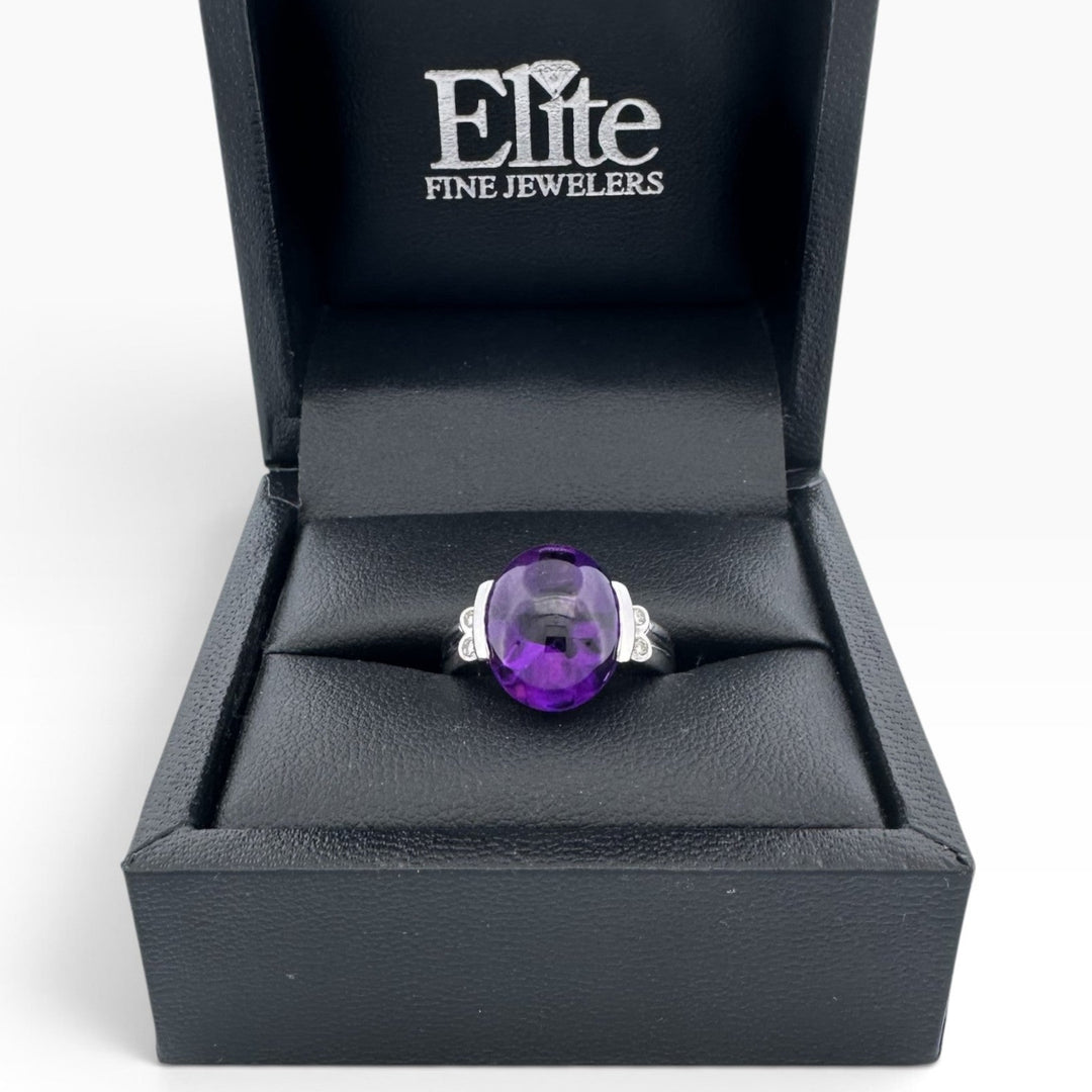 Oval Buff Top Amethyst with Natural Diamonds Cocktail Ring in 14k White Gold