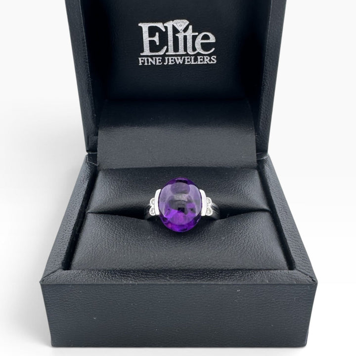 Oval Buff Top Amethyst with Natural Diamonds Cocktail Ring in 14k White Gold