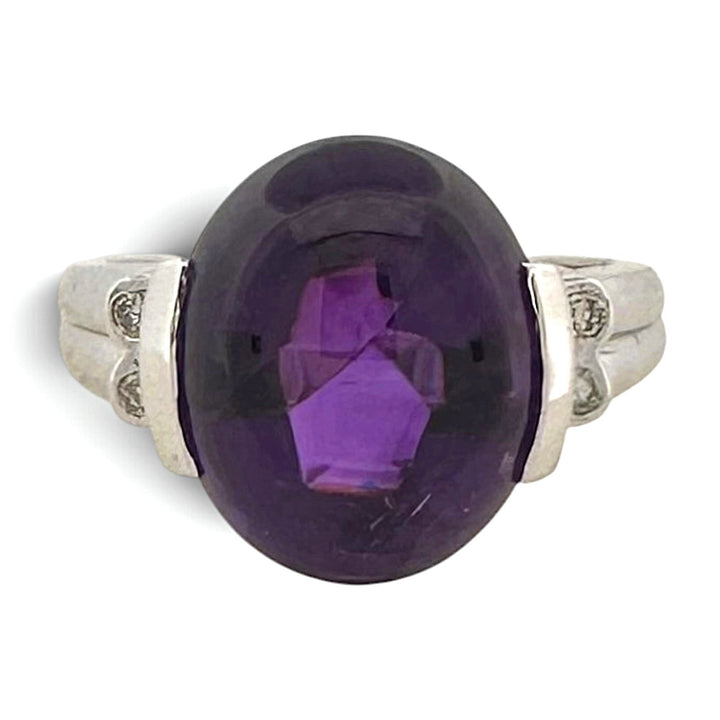 Oval Buff Top Amethyst with Natural Diamonds Cocktail Ring in 14k White Gold