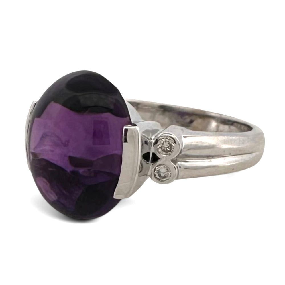 Oval Buff Top Amethyst with Natural Diamonds Cocktail Ring in 14k White Gold
