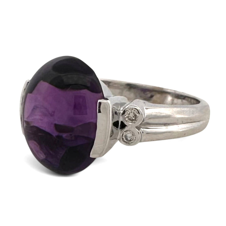 Oval Buff Top Amethyst with Natural Diamonds Cocktail Ring in 14k White Gold