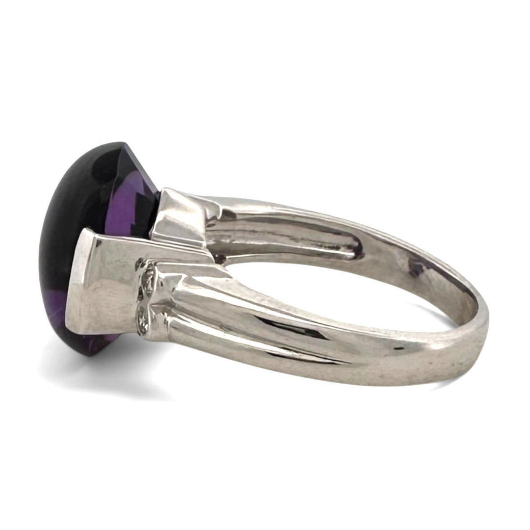 Oval Buff Top Amethyst with Natural Diamonds Cocktail Ring in 14k White Gold