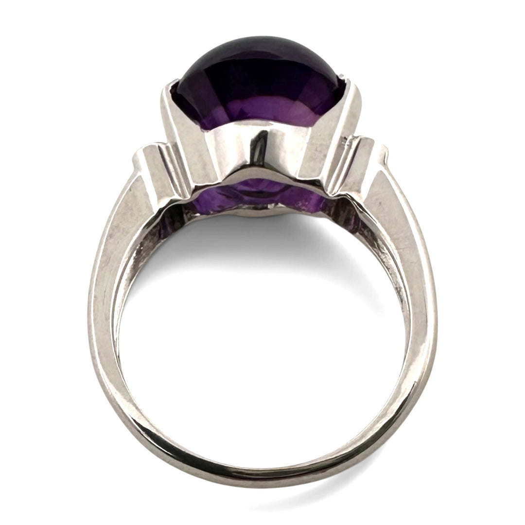 Oval Buff Top Amethyst with Natural Diamonds Cocktail Ring in 14k White Gold