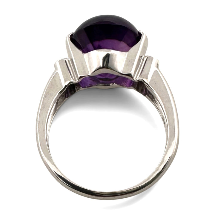 Oval Buff Top Amethyst with Natural Diamonds Cocktail Ring in 14k White Gold