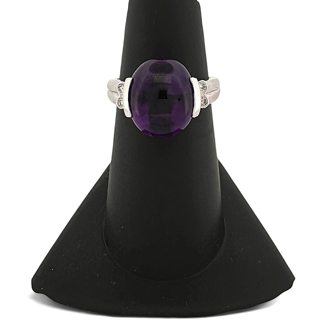 Oval Buff Top Amethyst with Natural Diamonds Cocktail Ring in 14k White Gold