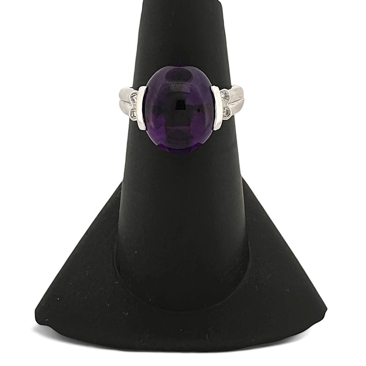 Oval Buff Top Amethyst with Natural Diamonds Cocktail Ring in 14k White Gold