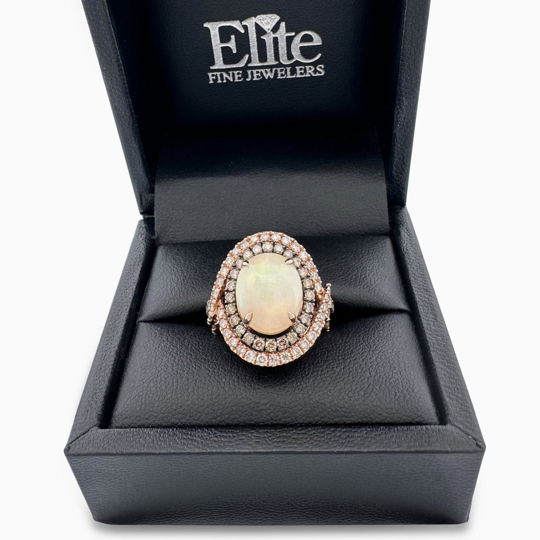 Neopolitan Opal with Vanilla & Chocolate Diamonds Double Halo Cocktail Ring in 14k Rose Gold by Le Vian