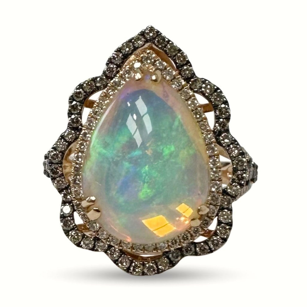 Neopolitan Pear Opal with Chocolate & Nude Diamonds Scalloped Cocktail Ring in 14k Rose Gold by Le Vian