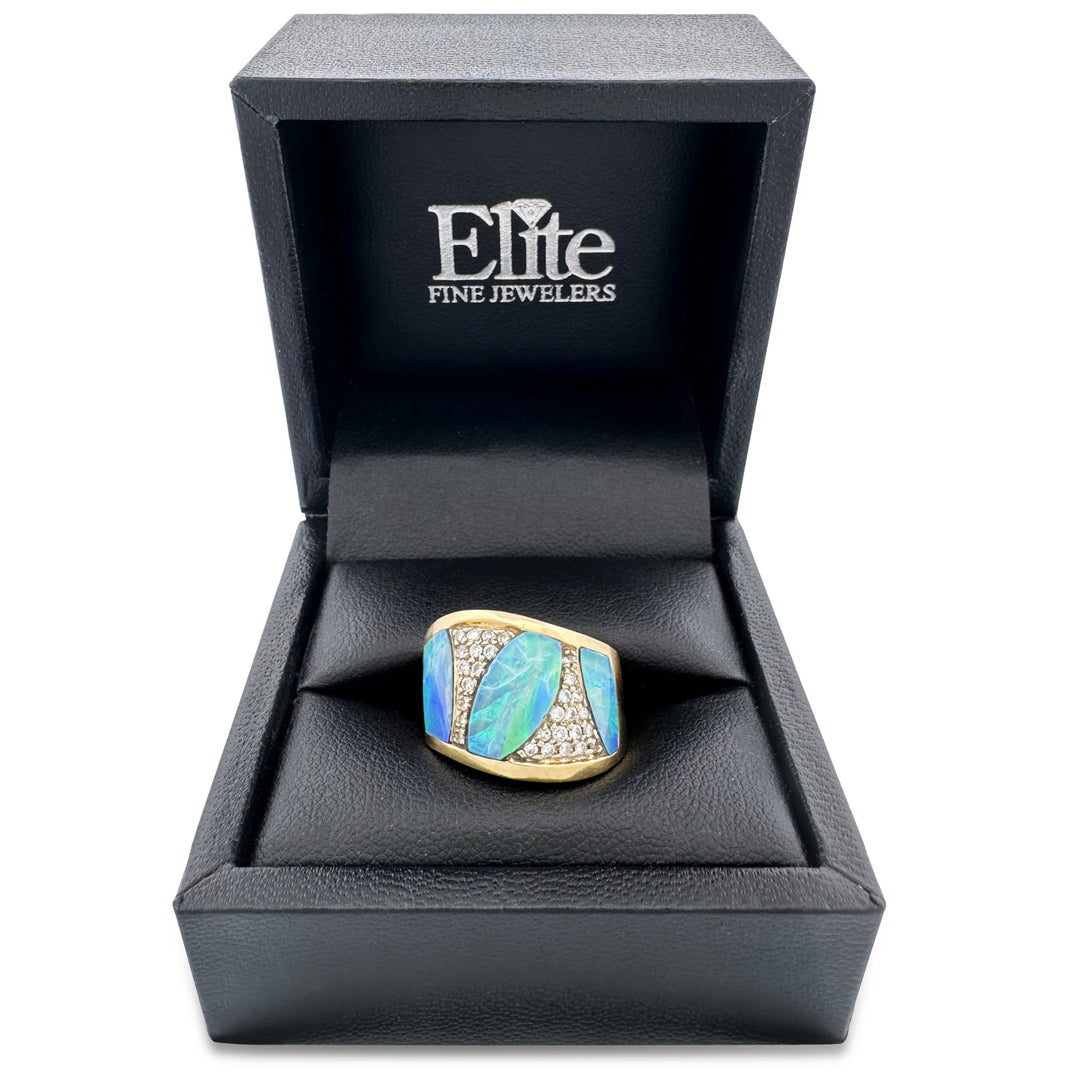 Opal Inlay with Round Brilliant Natural Diamond Pavé Band in 18k Yellow Gold