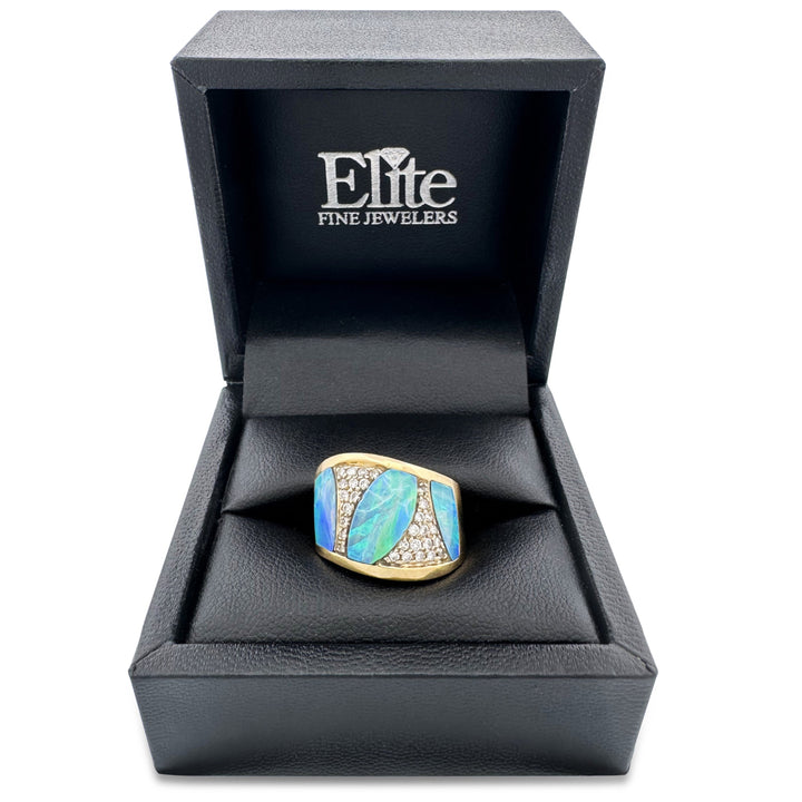 Opal Inlay with Round Brilliant Natural Diamond Pavé Band in 18k Yellow Gold
