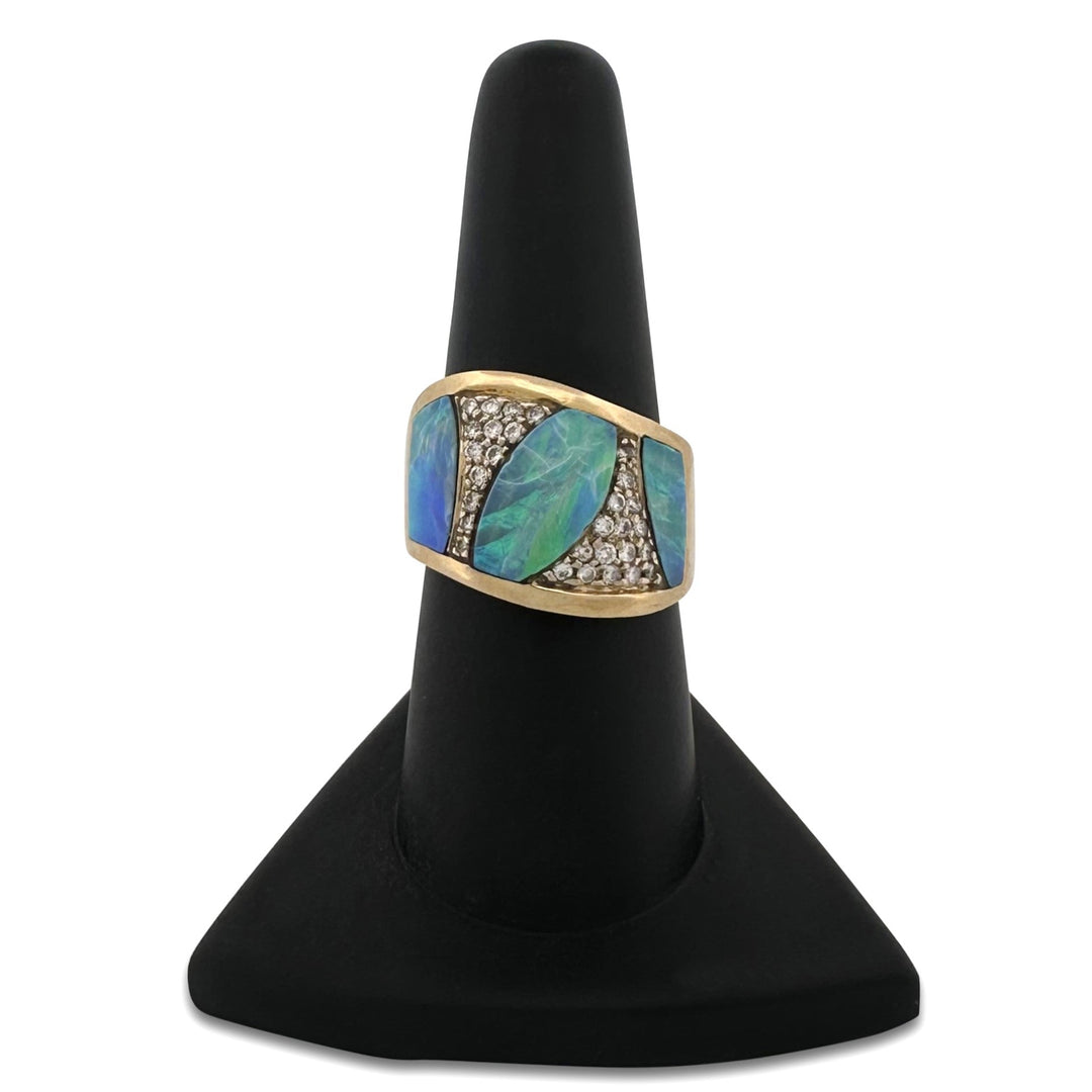 Opal Inlay with Round Brilliant Natural Diamond Pavé Band in 18k Yellow Gold