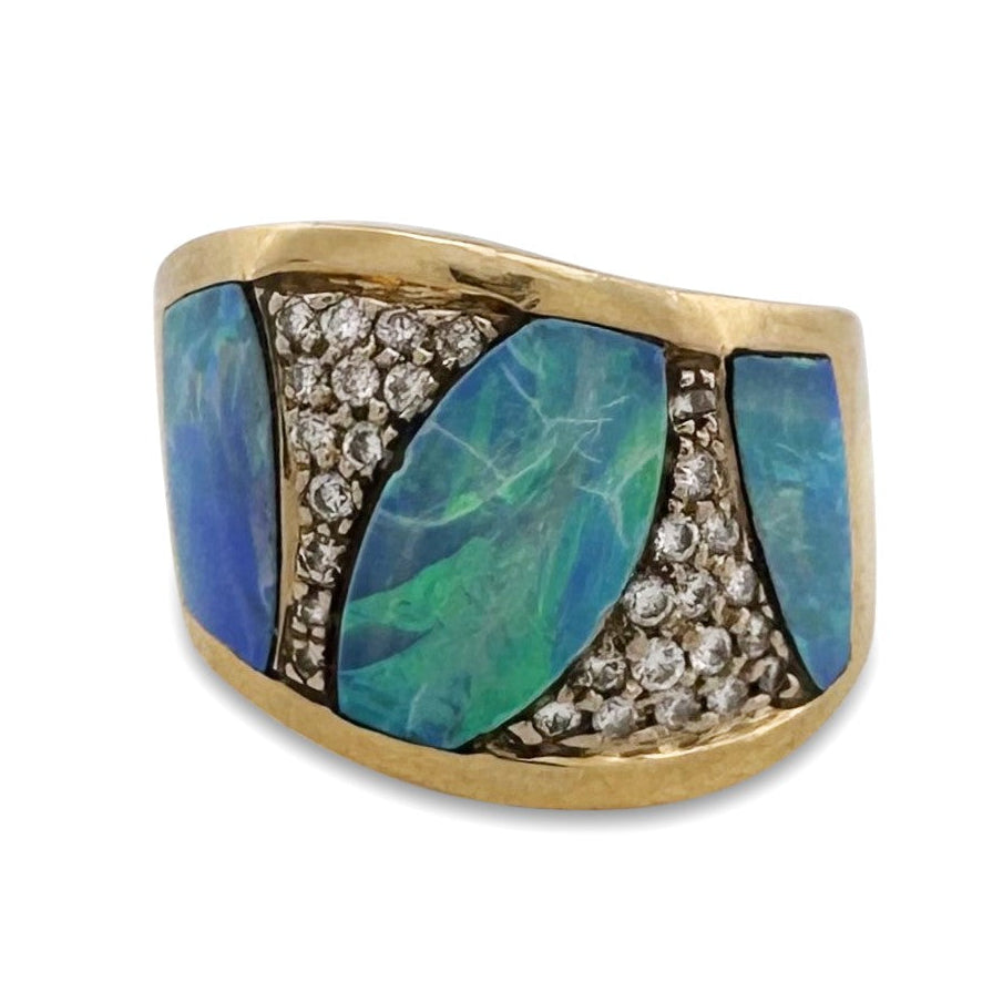 Opal Inlay with Round Brilliant Natural Diamond Pavé Band in 18k Yellow Gold