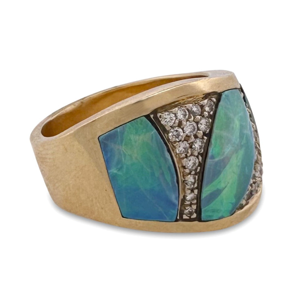 Opal Inlay with Round Brilliant Natural Diamond Pavé Band in 18k Yellow Gold