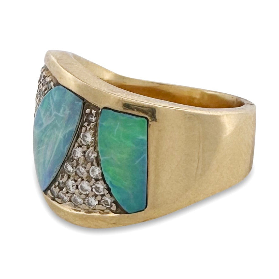Opal Inlay with Round Brilliant Natural Diamond Pavé Band in 18k Yellow Gold