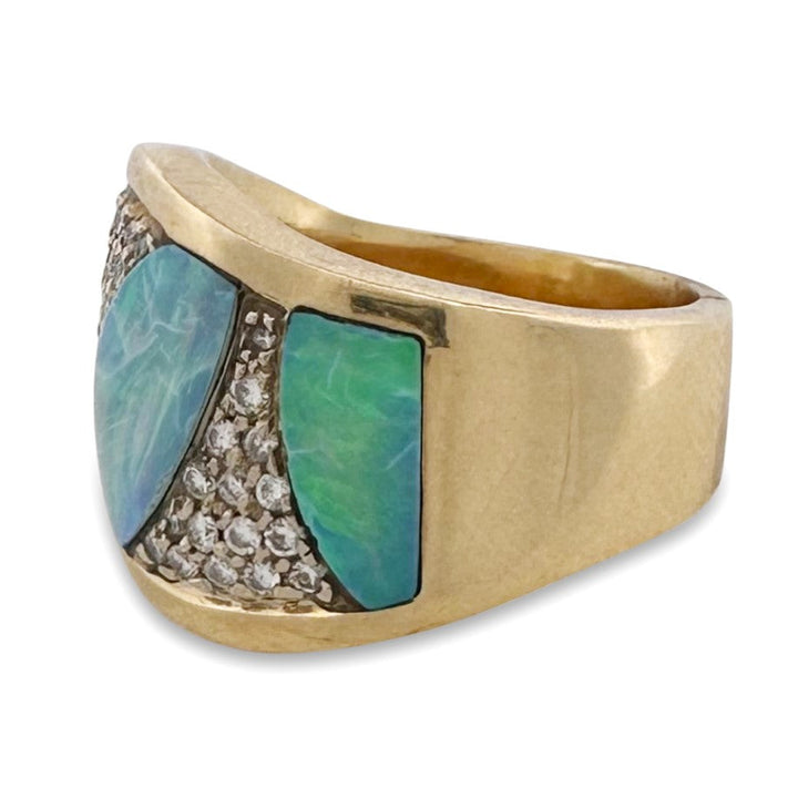 Opal Inlay with Round Brilliant Natural Diamond Pavé Band in 18k Yellow Gold
