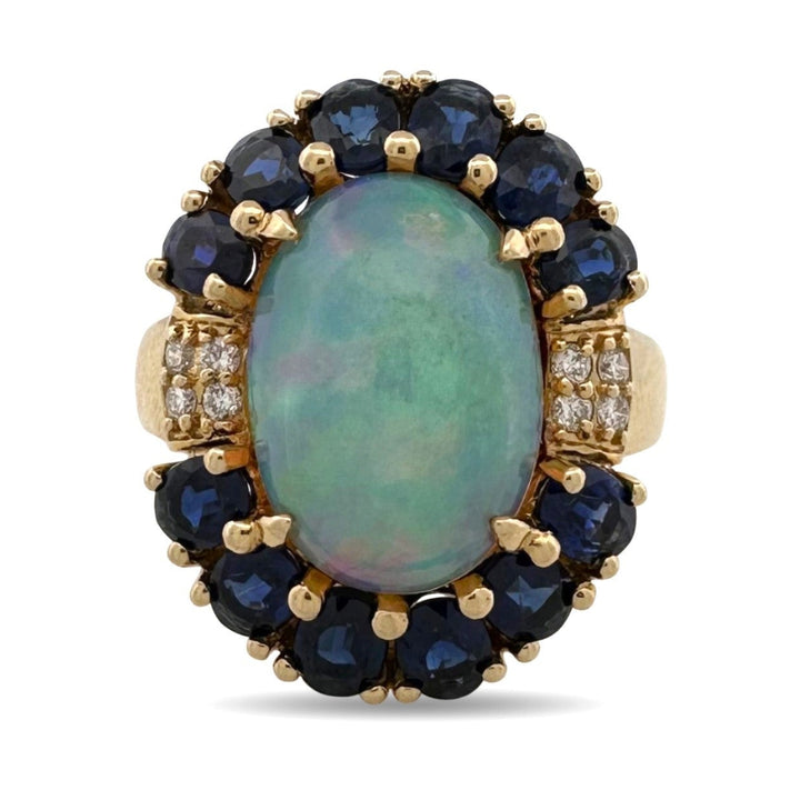 Opal & Blue Sapphire with Natural Diamonds Cocktail Ring in 14k Yellow Gold by Fierra