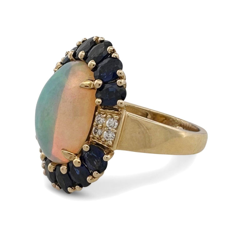 Opal & Blue Sapphire with Natural Diamonds Cocktail Ring in 14k Yellow Gold by Fierra