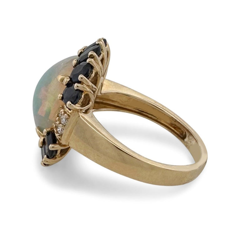 Opal & Blue Sapphire with Natural Diamonds Cocktail Ring in 14k Yellow Gold by Fierra
