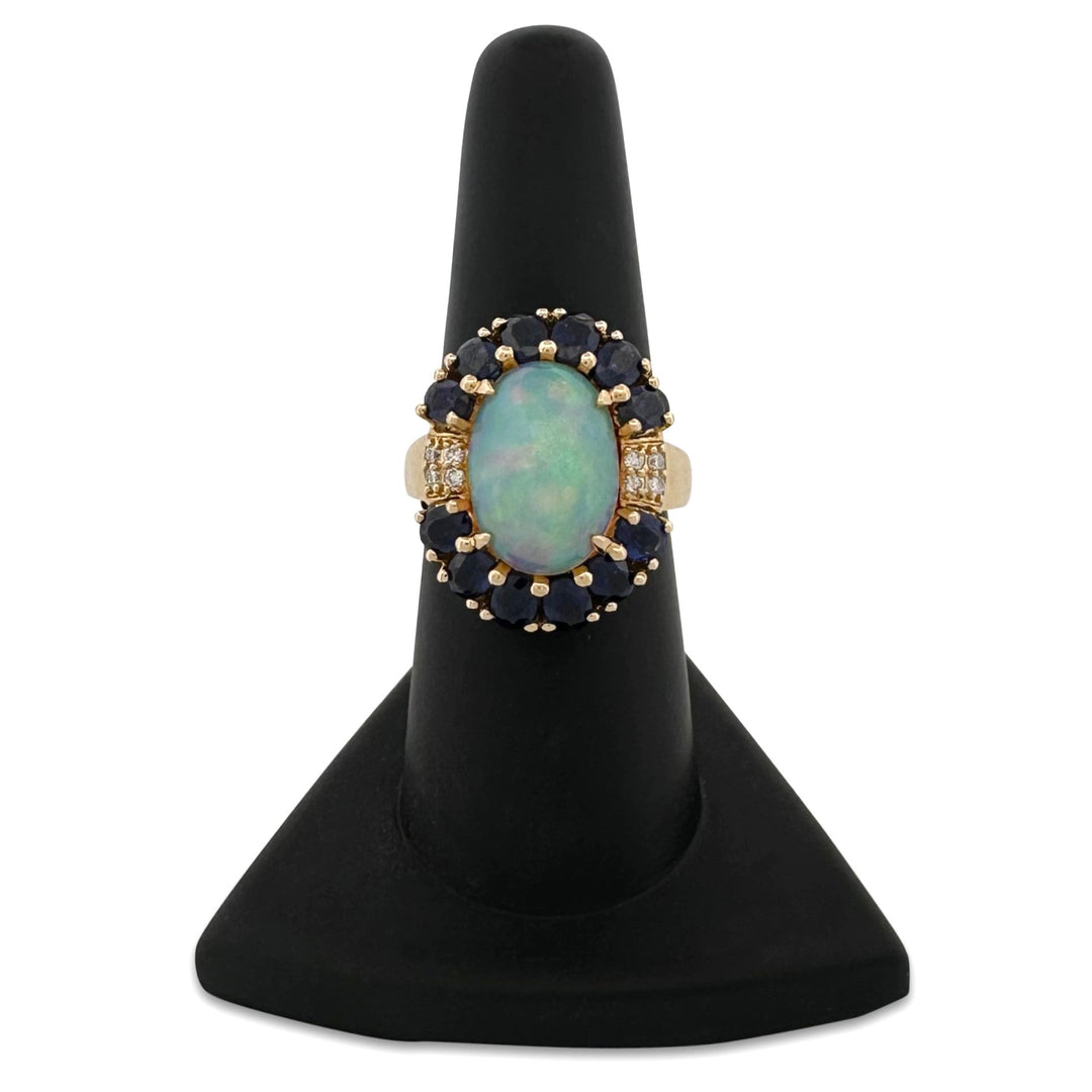 Opal & Blue Sapphire with Natural Diamonds Cocktail Ring in 14k Yellow Gold by Fierra