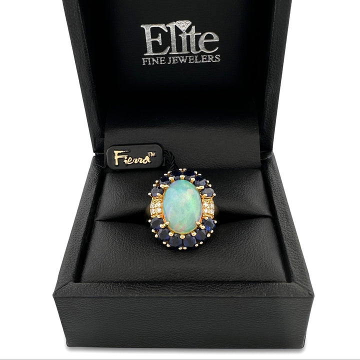 Opal & Blue Sapphire with Natural Diamonds Cocktail Ring in 14k Yellow Gold by Fierra