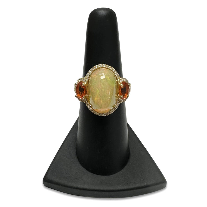 Oval Opal & Natural Diamond Halo 3-Stone Cocktail Ring in 14k Yellow Gold