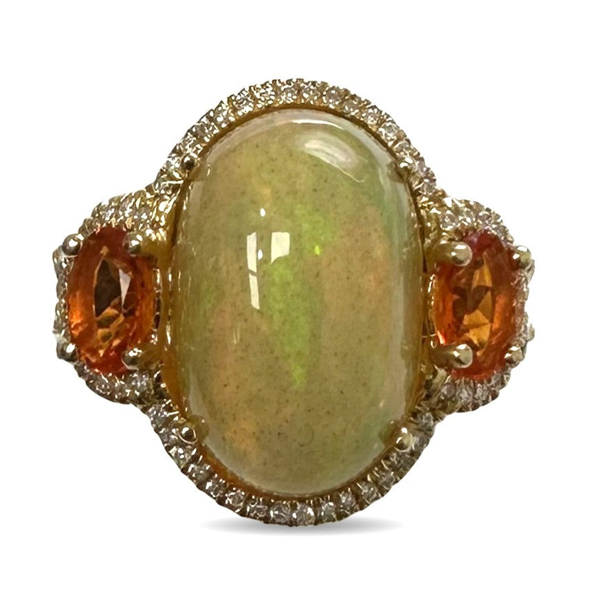 Oval Opal & Natural Diamond Halo 3-Stone Cocktail Ring in 14k Yellow Gold