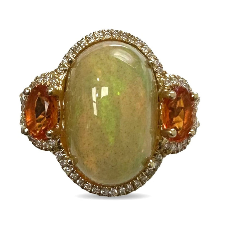 Oval Opal & Natural Diamond Halo 3-Stone Cocktail Ring in 14k Yellow Gold
