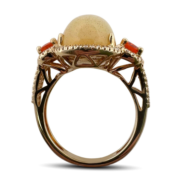 Oval Opal & Natural Diamond Halo 3-Stone Cocktail Ring in 14k Yellow Gold