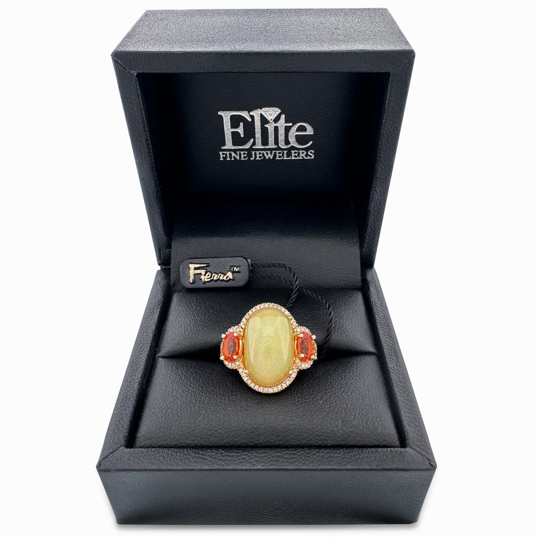 Oval Opal & Natural Diamond Halo 3-Stone Cocktail Ring in 14k Yellow Gold