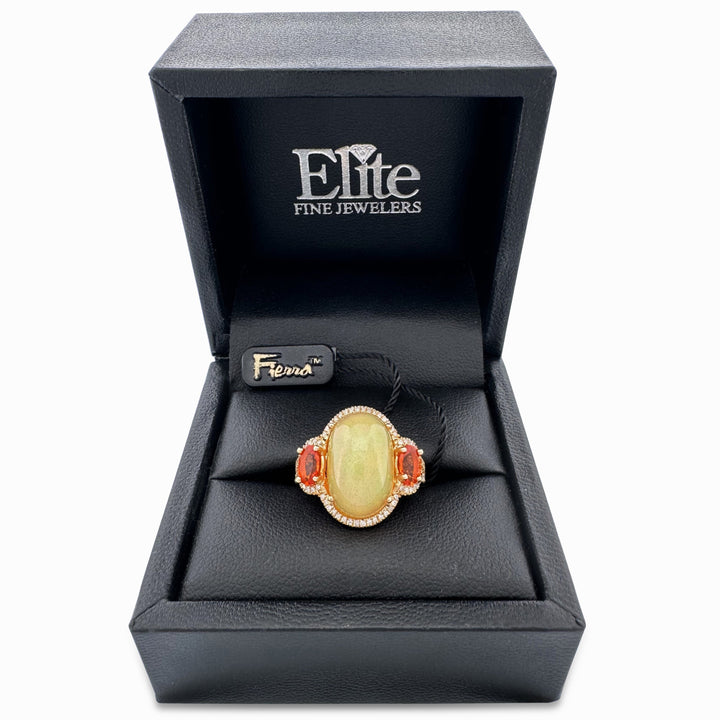 Oval Opal & Natural Diamond Halo 3-Stone Cocktail Ring in 14k Yellow Gold