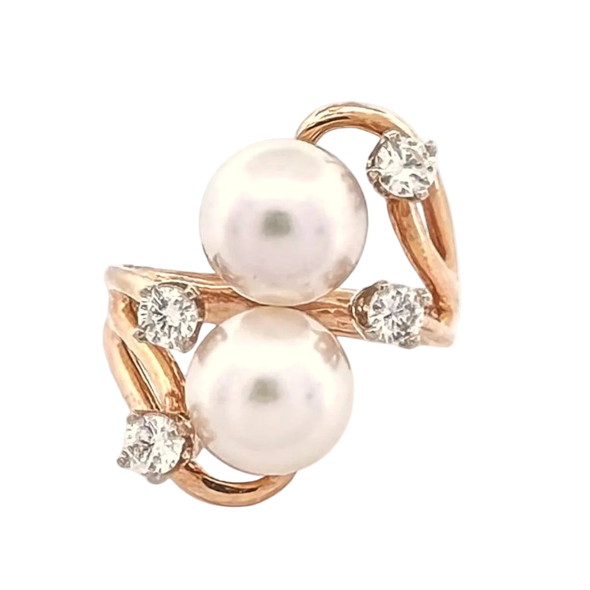Double Cultured Pearl and Round Brilliant Natural Diamond Cocktail Ring in 14k Yellow Gold