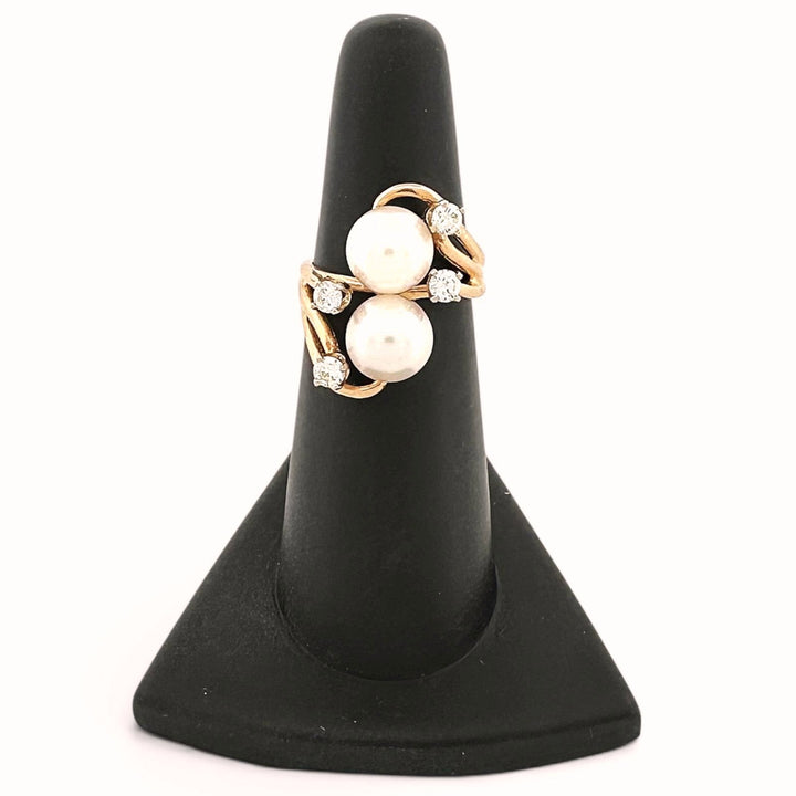 Double Cultured Pearl and Round Brilliant Natural Diamond Cocktail Ring in 14k Yellow Gold