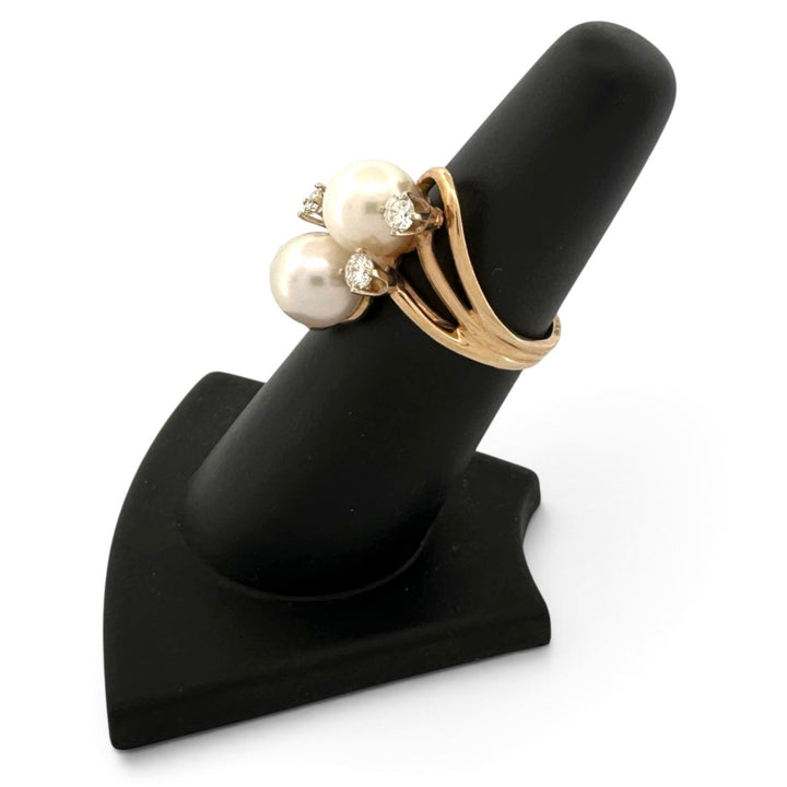 Double Cultured Pearl and Round Brilliant Natural Diamond Cocktail Ring in 14k Yellow Gold