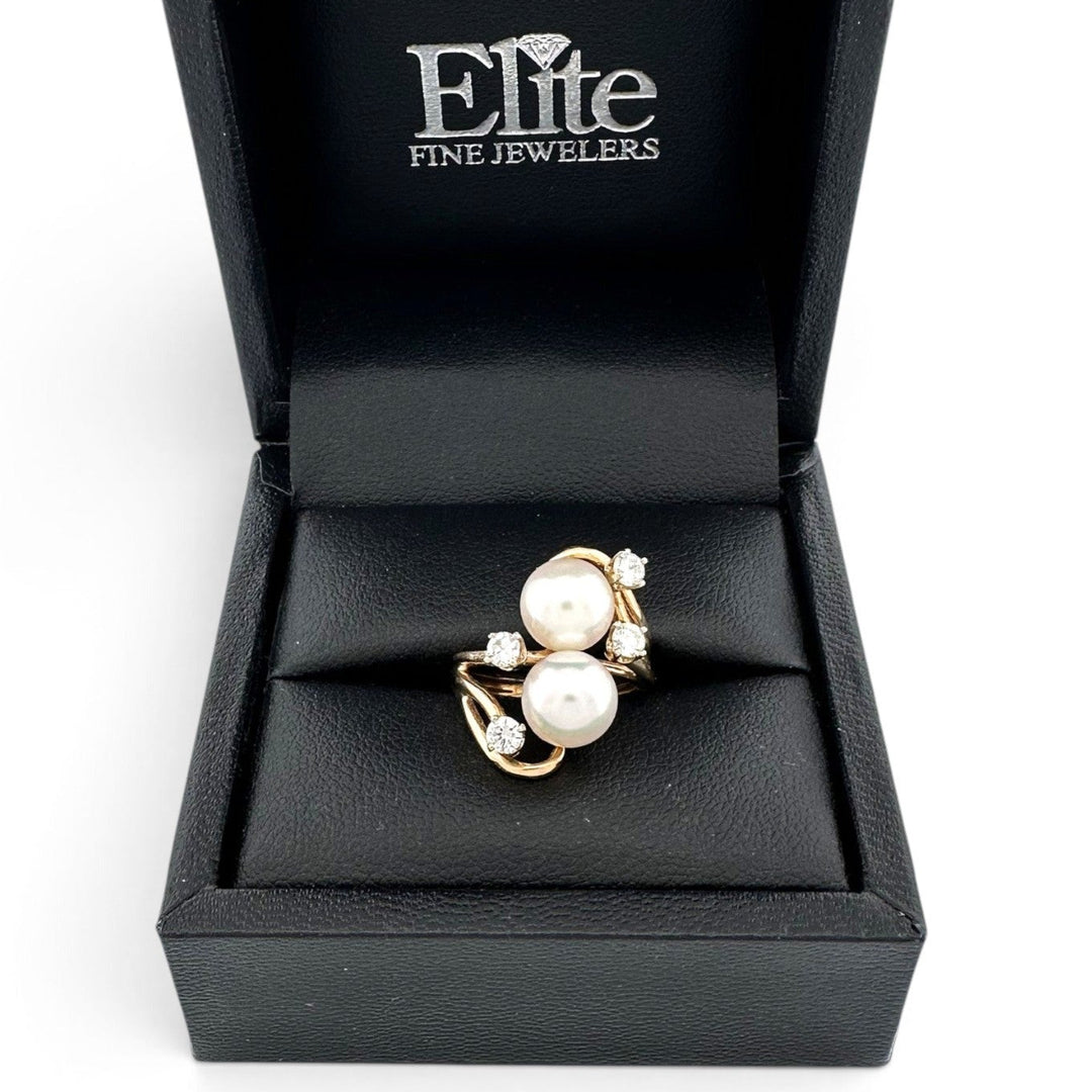 Double Cultured Pearl and Round Brilliant Natural Diamond Cocktail Ring in 14k Yellow Gold