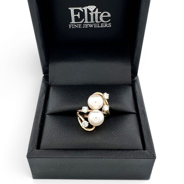 Double Cultured Pearl and Round Brilliant Natural Diamond Cocktail Ring in 14k Yellow Gold