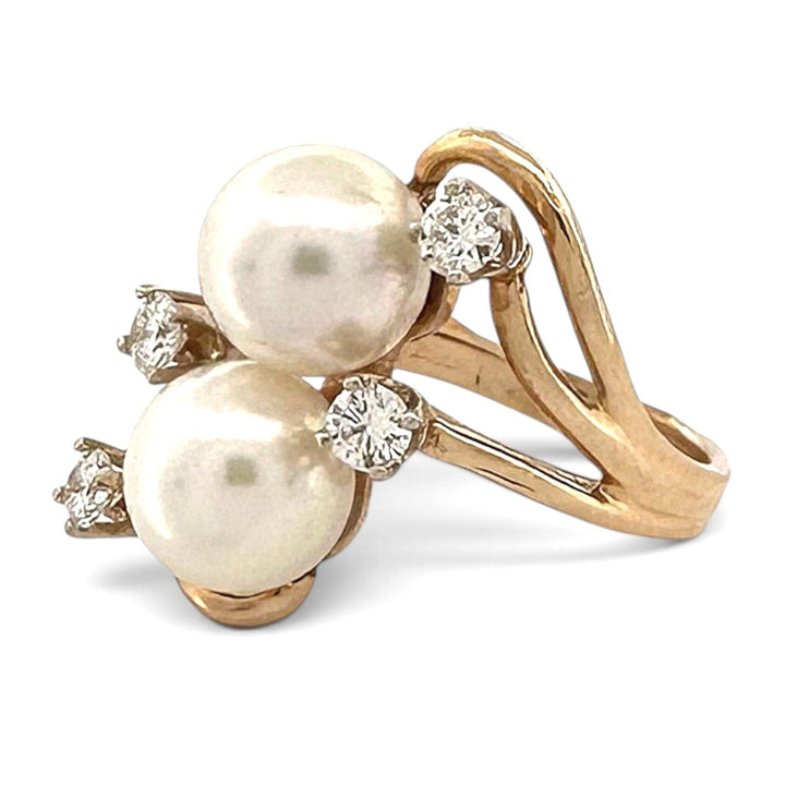 Double Cultured Pearl and Round Brilliant Natural Diamond Cocktail Ring in 14k Yellow Gold